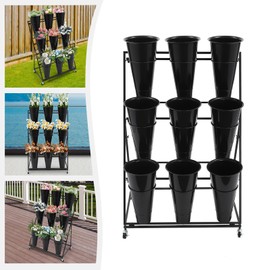 IOENC Flower Bouquet Holder, Flower Display Stand with Buckets, Multi-tiered Metal Plant Stand with Wheels, Moving Florist Bouquet Shelf for Homes, Florists, Gardens, Clubs and Weddings (3-layer black bracket 9 black barrels)