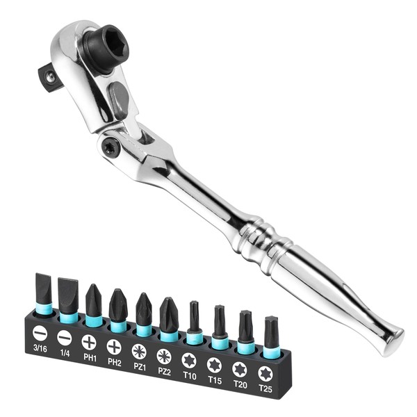 SHALL 1/4'' Mini Ratchet Wrench, 2-in-1 Socket Wrench & Bit