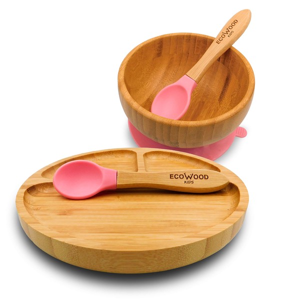 Ecowood® Tazón/Bowl Hondo + Plato Extendido Hechos de Bambú para Bebe y Niño - Con Base de Silicona Succión Adherente y Antiderrapante (Rosa)