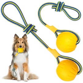 Hsei 2 Pcs Large 3.5inch Dog Toy Ball on a Rope Rubber Dog Toy with Handle Ball Yellow Floats in Water for Tug Training Rewards Interactive Pet Fetch Catch Throw Outdoor Puppy Teething Medium Pet