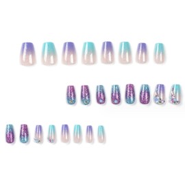 DANMANR Medium Press on Nails Rhinestones False Nails Art Full Cover Acrylic Coffin Fake Nails for Women and Girls 24PCS