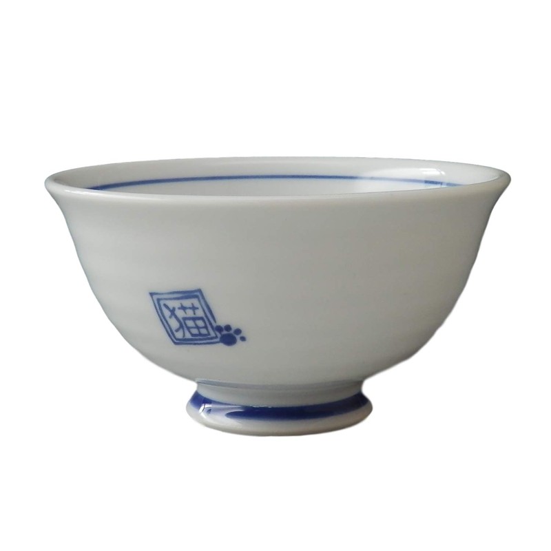HAMATO Hasami Pottery Large Rice Bowl, Round Cat, Blue 404238