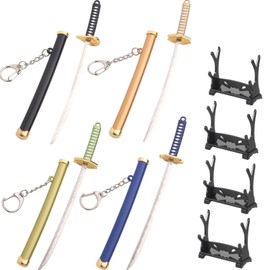 WDKLSJ Mini Katana Keychain Set with Display Stand, Anime Samurai Sword Collection, 4 Colours, Gift for Collectors