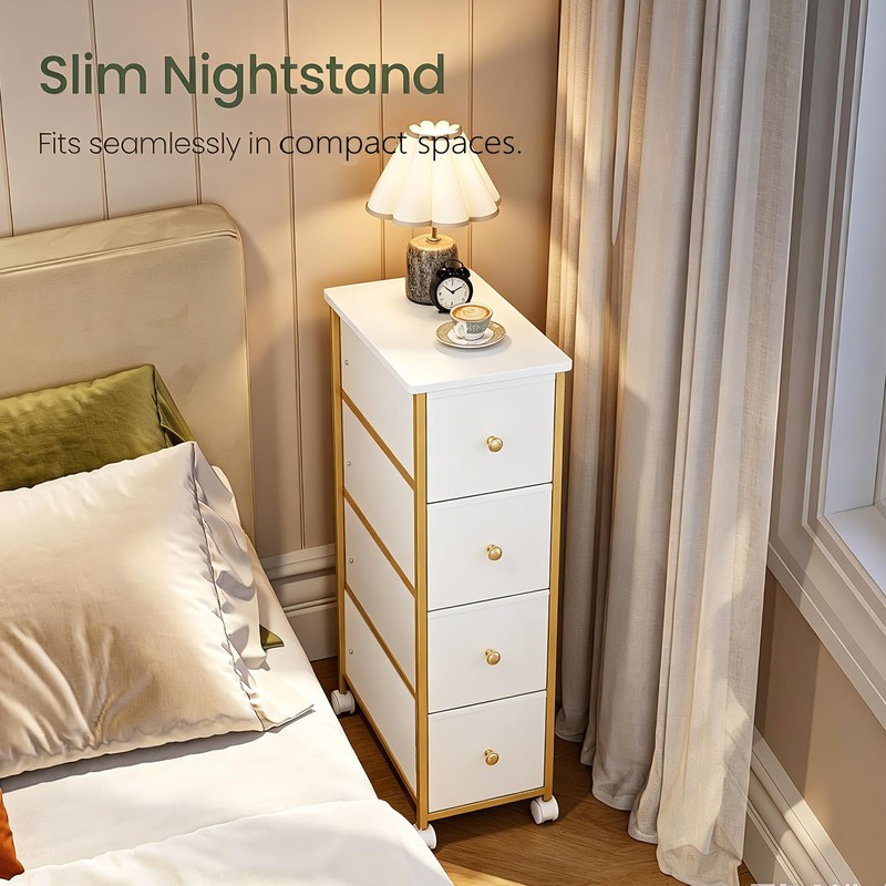 Narrow Side Table with 4 Fabric Drawer, Slim BedsideTable for