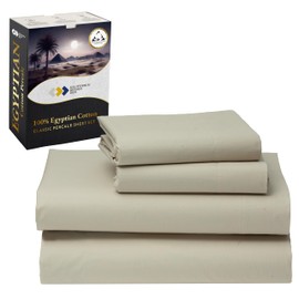 California Design Den Certified 100% Egyptian Cotton Percale Sheets Queen Size Set - Deep Pocket Queen Cotton Sheet Set, Cool, Crisp & Durable Luxury Bedding Set - Beige