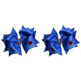 4th of July Little Miss Firecracker Sparkling Stars Hair Bow Set for Girls - (2) 4.5 inch Grosgrain Bows (Royal Blue)