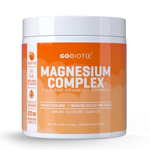 Magnesium Complex Powder by GoBiotix - High Absorption Magnesium Supplement Drink for Sleep Support, Mind and Body Relaxation - Vegan + Sugar-Free + Non-GMO (Peach Tea)
