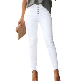 Sidefeel Women's White Jeans High Waisted Skinny Button Fly Raw Hem Elegant Denim Pants Size 6