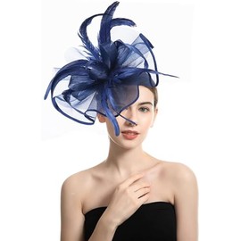 ORIDOOR Sinamay Fascinator Flower Feathers Pillbox Hat Headband Hair Clips for Derby Cocktail Wedding Tea Party A Navy Blue,One Size