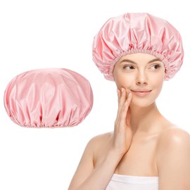Aquior Shower Cap Reusable Double Layer Waterproof Hair Cap Shower Cap for Women Large Bath Hair Cap for Girls Spa Home Salon Use, All Hair lengths (Pink)