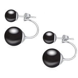Rakumi Double Pearl Earrings Dangling Sterling Silver Two White Round Pearl Cycle Jacket Earrings (black)