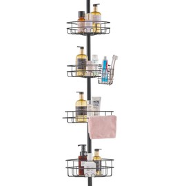 VEVOR Corner Shower Caddy Tension Pole, 4 Tier Adjustable Rustproof Organizer Shelves for Bathroom & Washroom, 42-114inch High, Black