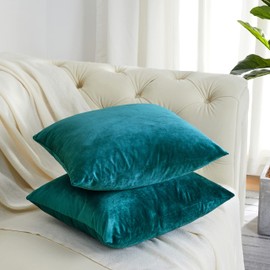 GIGIZAZA Decorative Couch Throw Pillow Covers,Set of 2 Teal Peacock Green Square Pillow Cushion Covers 22x22,Pillow Cases Velvet Pillow Covers