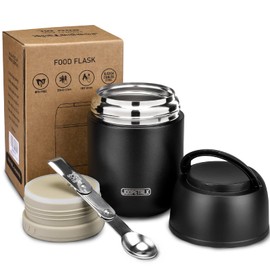 JOOPETALK 17 oz Insulated Lunch Containers, Black, Vacuum Stainless Steel Thermo Lunch Box with Handle and Folding Spoon for School, Office, Travel