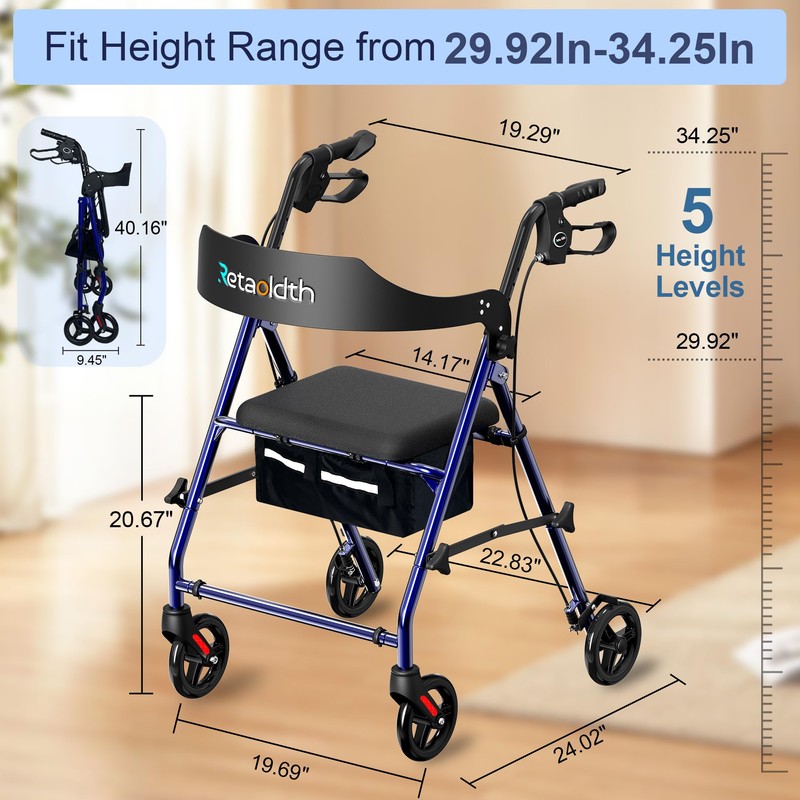 Foldable Rollator Walker with Seat for Seniors, All-Terrain Wheels, 350lb