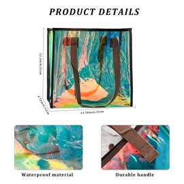 TotePrint Holografische PVC Strandtasche, Transparent mit Braunen Griffen, Braune Strandtasche 35x31x12cm, Wasserdicht (Braun)