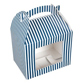 Bio Tek 10 x 7 x 8 Inch Gable Boxes For Party Favors, 25 Attractive Gift Boxes - Striped Design, With Built-In Handle, Blue And White Paper Barn Boxes, Disposable, For Parties