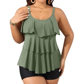 Yonique Women's Plus Size Tankini Swimsuits with Shorts Two Piece Bathing Suits Ruffle Swimsuits Tummy Control Swimwear, Army Green, 22 Plus