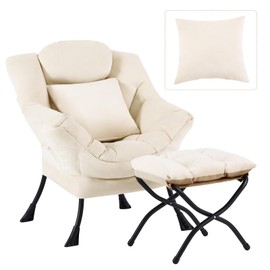 HomEastlly Lazy Chair with Ottoman, Modern Lounge Accent Chair with Armrests and a Throw Pillow, Leisure Sofa Chair Set, Reading Chair with Footrest for Living Room, Bedroom, Office, Velvet Ivory