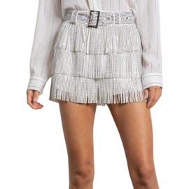 ChiyeeKiss Womens Sparkle Rhinestone Fringe Shorts Pants Elastic Band Skort Western Cowgirl Mini Skirt Built-in Short(0530-White-M)