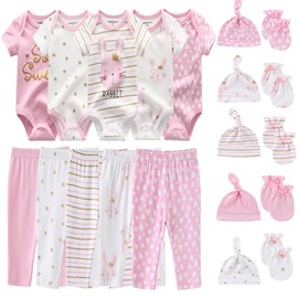 Kiddiezoom Unisex Baby Layette Essentials Giftset Clothing Set 19-Piece For Newborn Baby, Pink Rabbit, 9-12 Months