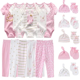 Kiddiezoom Unisex Baby Layette Essentials Giftset Clothing Set 19-Piece For Newborn Baby, Pink Rabbit, 9-12 Months