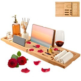 Bathtub Tray - Luxury Bamboo Bathtub Tray for Bath Accessories, Expandable Bath Caddy with Wine Glass Holder, for Her, Anniversary, Spa and Relaxation