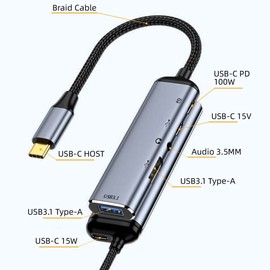xiwai Adaptador multipuerto USB 3.0 HUB tipo C USB-C a audio de 3,5 mm con puerto de alimentación PD hembra de 100 W
