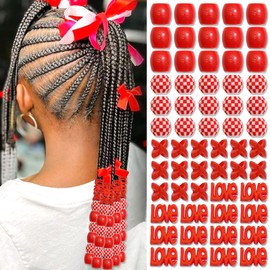 NAISKA 60Pcs Red Hair Beads for Braid Loc Hair Jewelry Dreadlock Bead Accessories Hair Decoration with Hair Ring Cuffs Charms for Hair Braids Accessories Braid Clips for Women and Girls