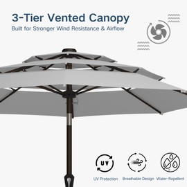 Patio Kingdom 10FT Patio Umbrella 3 Tiers Outdoor Market Umbrella w/Push Button Tilt, Crank, UV and Waterproof Table Umbrella for Garden, Pool, Backyard, Deck, Lawn, Light Gray