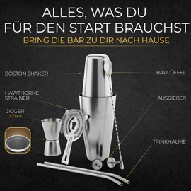 EMPATION Cocktail Shaker, 8-Piece Cocktail Set - 825 ml Boston Shaker Made of Stainless Steel, Minimalist Cocktail Accessories, Bar Set for Beginners & Professionals, Cocktail Shaker Set Perfect as a