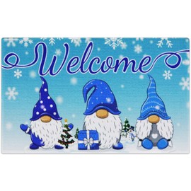 OBUSATT Winter Door Mats 28×17inch Floor Mats with Non Slip PVC Backing,Washable Gnome Blue Christmas Holiday Mat for Front Door Home Kitchen Bathroom Living Room Indoor Outdoor