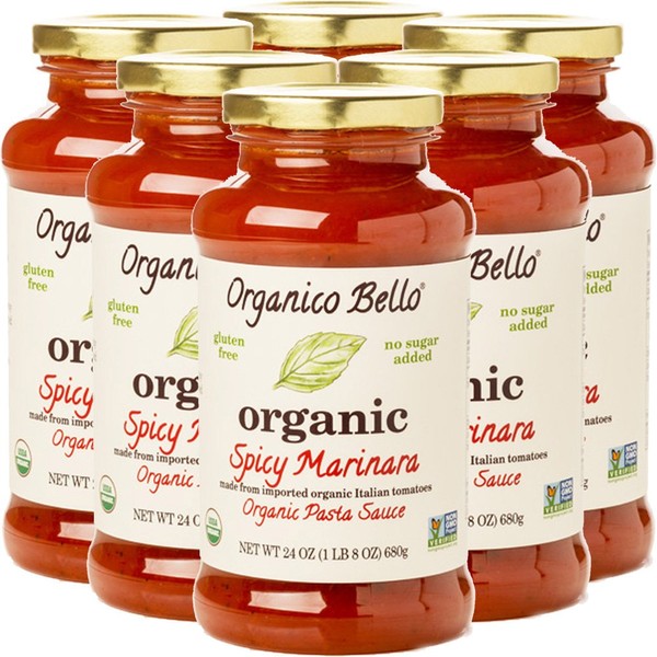Organico Bello - Organic Gourmet Pasta Sauce - Spicy Marinara - 24oz (Pack of 6) - Non GMO, Whole 30 Approved, Gluten Free