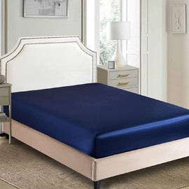 Silky Satin Fitted Sheet Only Classic Luxury Silky Soft Bed Sheets Solid Color (Navy, Double(140x190/200+30cm))