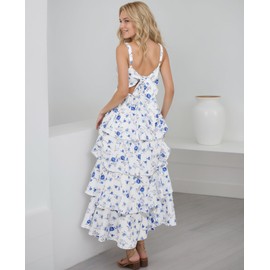 Floral Boho Dress Women Square Neck Strapped Swing A Line Summer Beach Backless Tiered Long Maxi Ruffle Dress Flower Blue XS