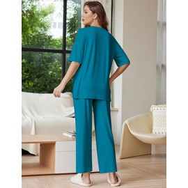 Ekouaer Lounge Sets for Women Short Sleeve Tops and Long Pants Soft Comfy Pajamas Set 2 Piece Outfits,Blue Green,S