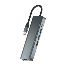 USB-C 5-in-1-Dockingstation mit HDMI, RJ45, 2 USB-Ports, PD, Grau, 15 cm, ideal zum Anschluss von Geräten und Port-Erweiterung.