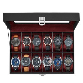 SONGMICS Watch Box, 12-Slot Watch Case Organizer with Large Glass Lid, Removable Pillows, Christmas Gift, Black Synthetic Leather, Wine Red Lining UJWB120R01