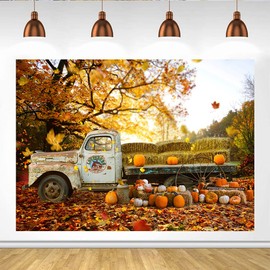 Lofaris Autumn Pumpkin Truck Photography Backdrop Harvest Hay Fall Forest Maple Leaves Background 6x4ft Thanks-Giving Day Party Banner Photo Decorations