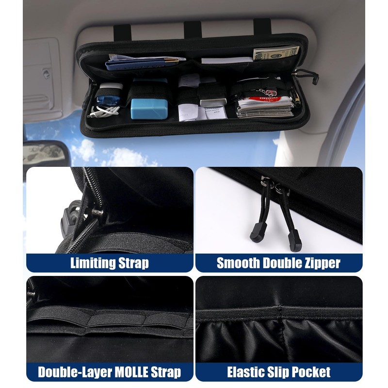 Semi-Rigid Car Sun Visor Organizer, Molle Panel Vehicle Storage with