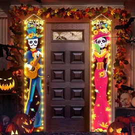 Letreros de Porche Iluminados de Día de Muertos - Decoraciones Iluminadas de Calaveras de Azúcar para Altares, Fiestas de Halloween y Día de Muertos - Decoración para Exterior/Interior (Estilo C)