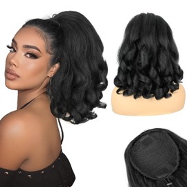SOMOREATY Ponytail Extension,16" Curly Drawstring Ponytail for Black Women Yaki Straight with Curly Ends Synthetic Hairpiece Hair Extension Pony Tails for Women(Black)