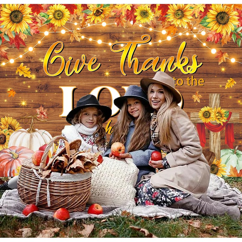 Give Thanks to The Lord Backdrop Autumn Maple Leaf Pumpkin