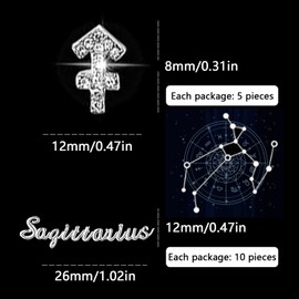 MOLILON 15pcs 3D Silver Sagittarius Nail Charms 5pcs Zodiac Signs and 10pcs Zodiac Letter Nail Studs Rhinestones Crystal Alloy Twelve Constellation Charms for DIY Crafts Jewelry Decoration