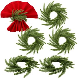 LemonRoad 6 Pcs Christmas Napkin Rings Thanksgiving Norfolk Pine Garland Napkin Rings Green Wreath Holder for Banquet Table Festive Decorations Dinner Wedding Party