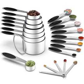 Measuring Cups & Spoons Set of 21 - Wildone Stainless Steel Measuring Cups and Spoons with Black Silicone Handle, 8 Nesting Metal Cups, 8 Spoons & 5 Mini Spoons, for Dry and Liquid Ingredient