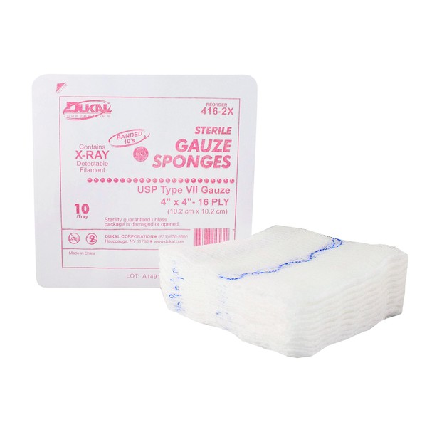 Dukal - 416-2X Type VII X-Ray Detectable Gauze, Sterile, 4" L x 4" W, 16-Ply (10 Trays of 128) (Pack of 1280)