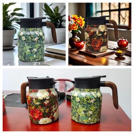 2025 Vintage Floral Pattern 1L Stainless Steel Insulated Tea & Coffee Thermos with Built-in Infuser - Single-Handed Design,Long-Lasting Heat Retention,V-Shaped Spout for Home,Office, Kitchen (Green)