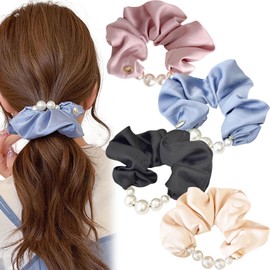 4PCS Pearl Scrunchies for Women Grils, Elastics Ponytail Holder Vintage Silk Hair Tie Hair Accessories for Curl Thick Hair