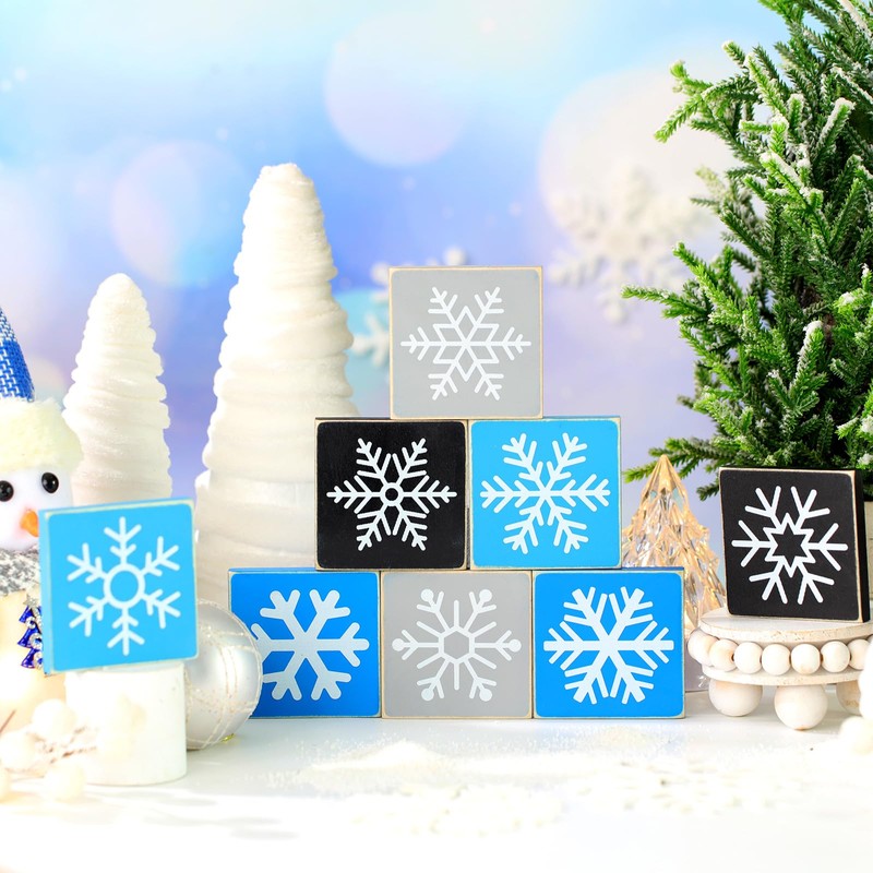 8 Pcs Snowflake Wooden Signs Winter Tiered Tray Decor Christmas